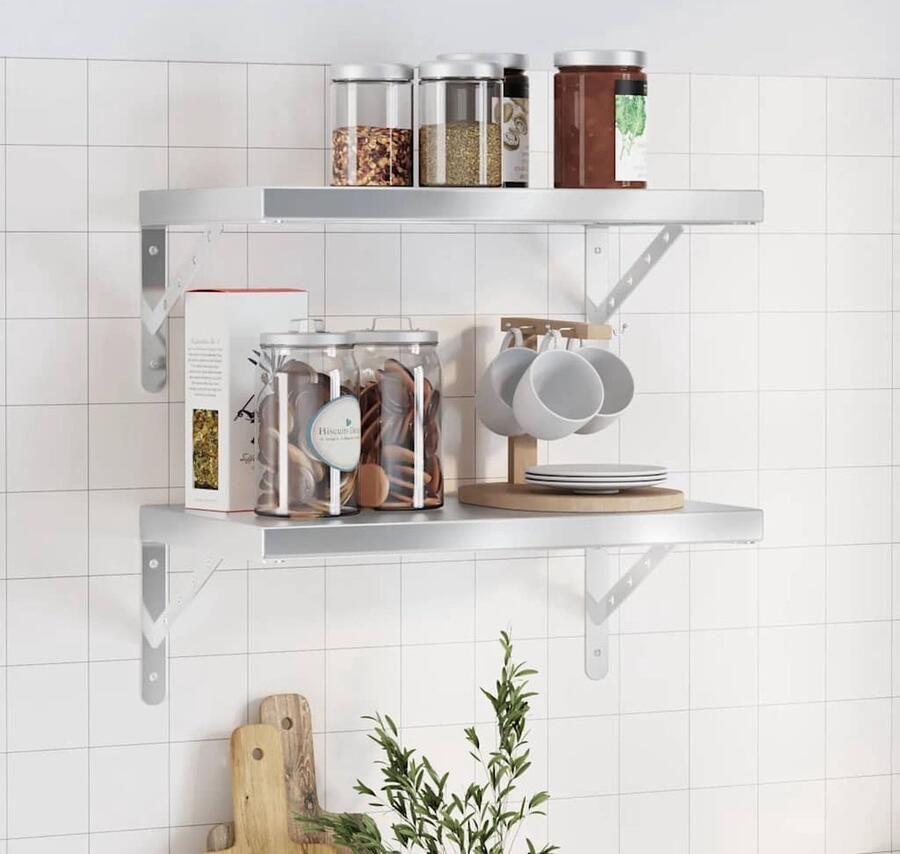 The Living Store Wandschappen 2 st 50x30x3 cm roestvrijstaal zilverkleurig Zwevend Wandschap Wandplanken Roestvrijstalen Wanddecoratie Ruime Opslagoplossing Minimalistisch Design - Foto 2