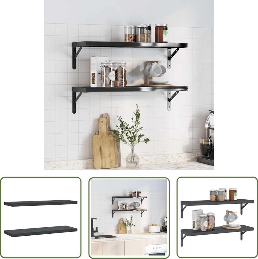 The Living Store Wandschappen 2 st 75x23 5x3 cm roestvrijstaal zwart Zwevende Wandkast Wandplankje Roestvrijstalen Wandrek Opbergwand Badkamer Rek