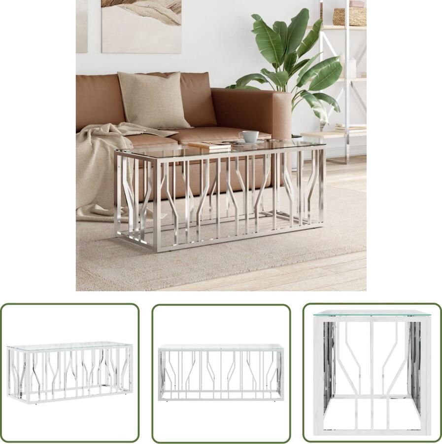 The Living Store Salontafel RVS 110 x 45 x 45 cm Gehard glas Zilver Salontafel Roestvrijstalentafel Design Salontafel Modern Tafellaar Living Room Furniture