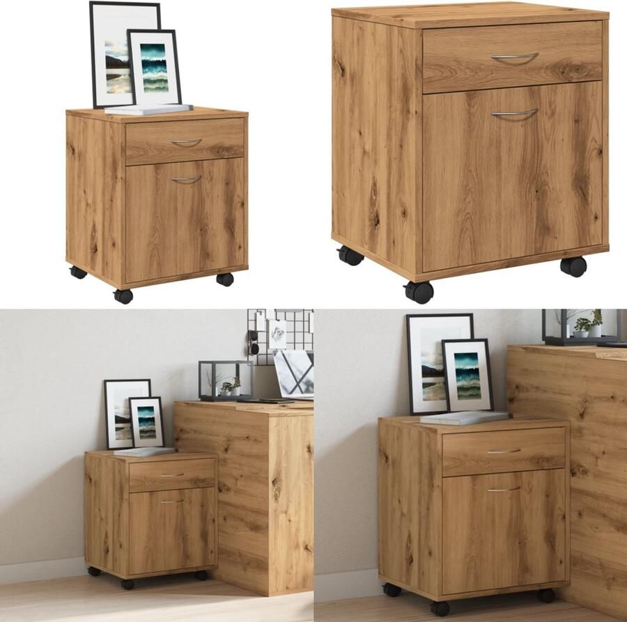 VidaXL Rolkast 45x38x54 cm bewerkt hout artisanaal eikenkleur Rolkast Rolkasten -kast Opbergkast Op Wielen