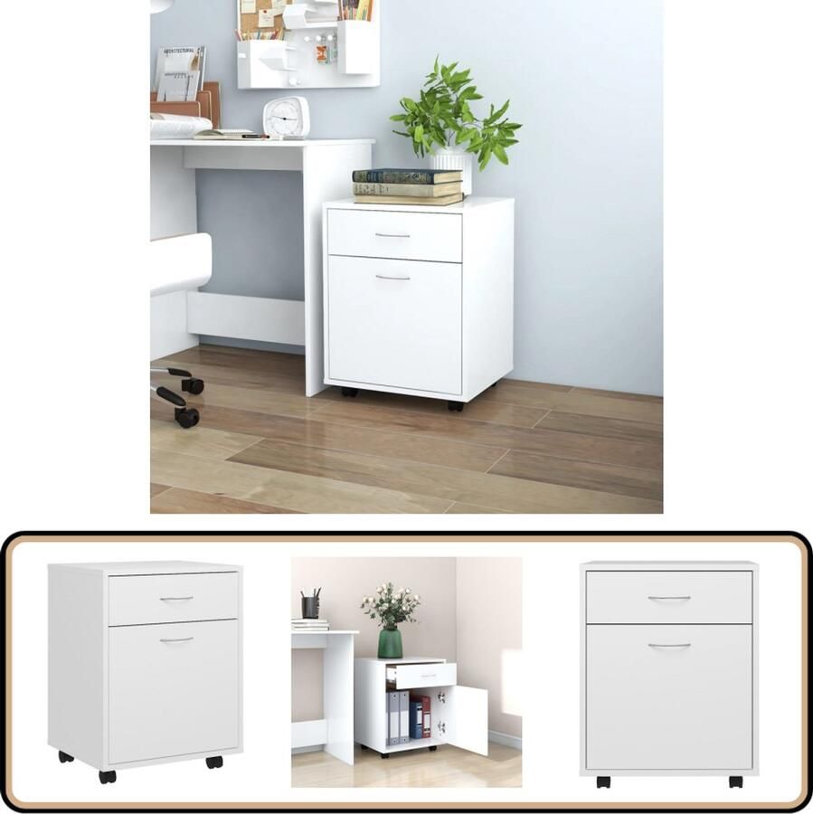 VidaXL Rolkast 45x38x54 cm Bewerkt hout Wit Rolkast Opbergkast Houten Kast Witte Kast Kantoor Kast