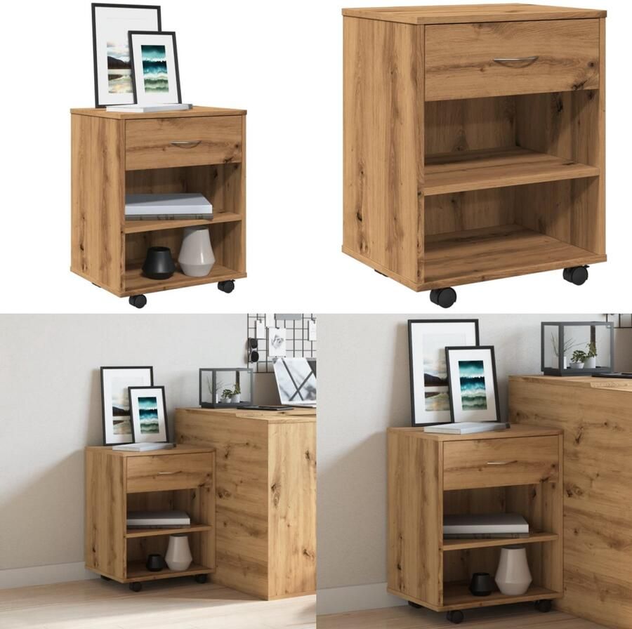 VidaXL Rolkast 46x36x59 cm bewerkt hout artisanaal eikenkleurig Rolkast Rolkasten -kast Opbergkast Op Wielen