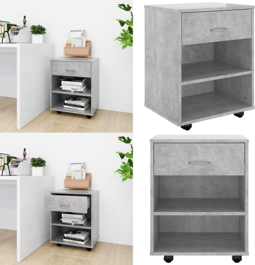 VidaXL Rolkast 46x36x59 cm bewerkt hout betongrijs Opbergkast Opbergkasten Rolbare Kantoorkast Rolbare Kantoorkasten