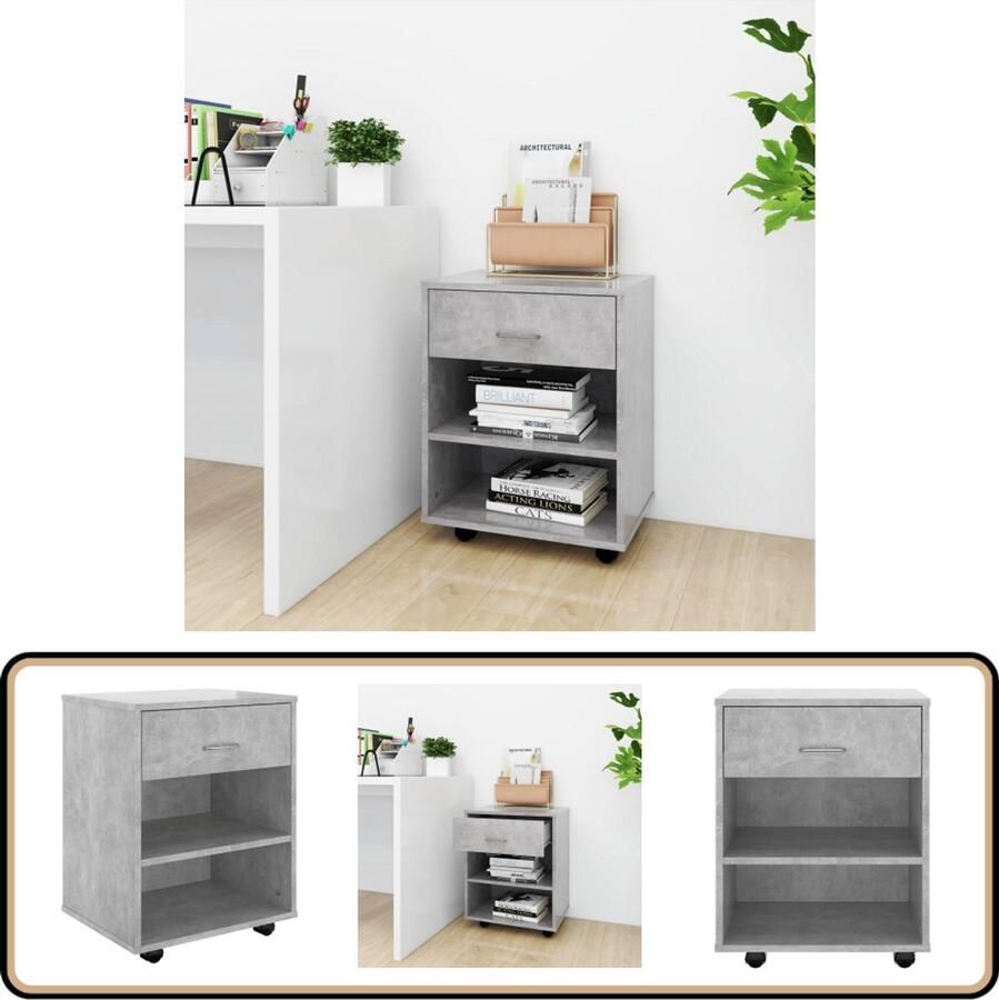 VidaXL Rolkast 46x36x59 cm Bewerkte Hout Betongrijs Rolkast Betongrijs Houten Kast Opbergkast Kantoororganisatie Werkkamer Meubilair Compact Opslag Mobiele Kast Ruimtebesparend Scandinavische Stijl - Foto 2