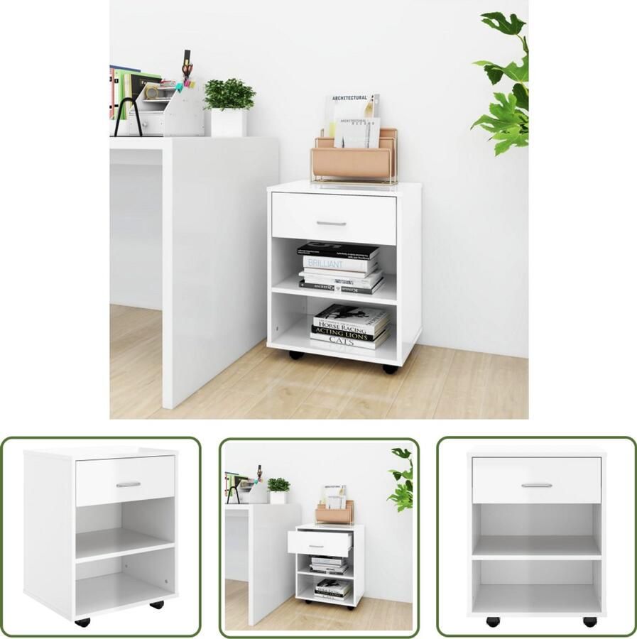 VidaXL Rolkast 46x36x59 cm Hoogglans Wit Hout Rolkast Kasten Opbergkast Kantooraccessoires Werkkamer Witte Meubelen Houten Meubelen Scandinavische Meubelen Basic Meubelen Compacte Meubelen Multifunctionele Meubelen