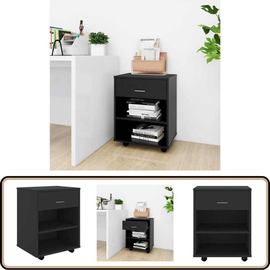 VidaXL Rolkast 46x36x59 cm Zwart Bewerkt Hout Rolkast Opbergkast Kasten Kantoororganisatie Bureauspullen