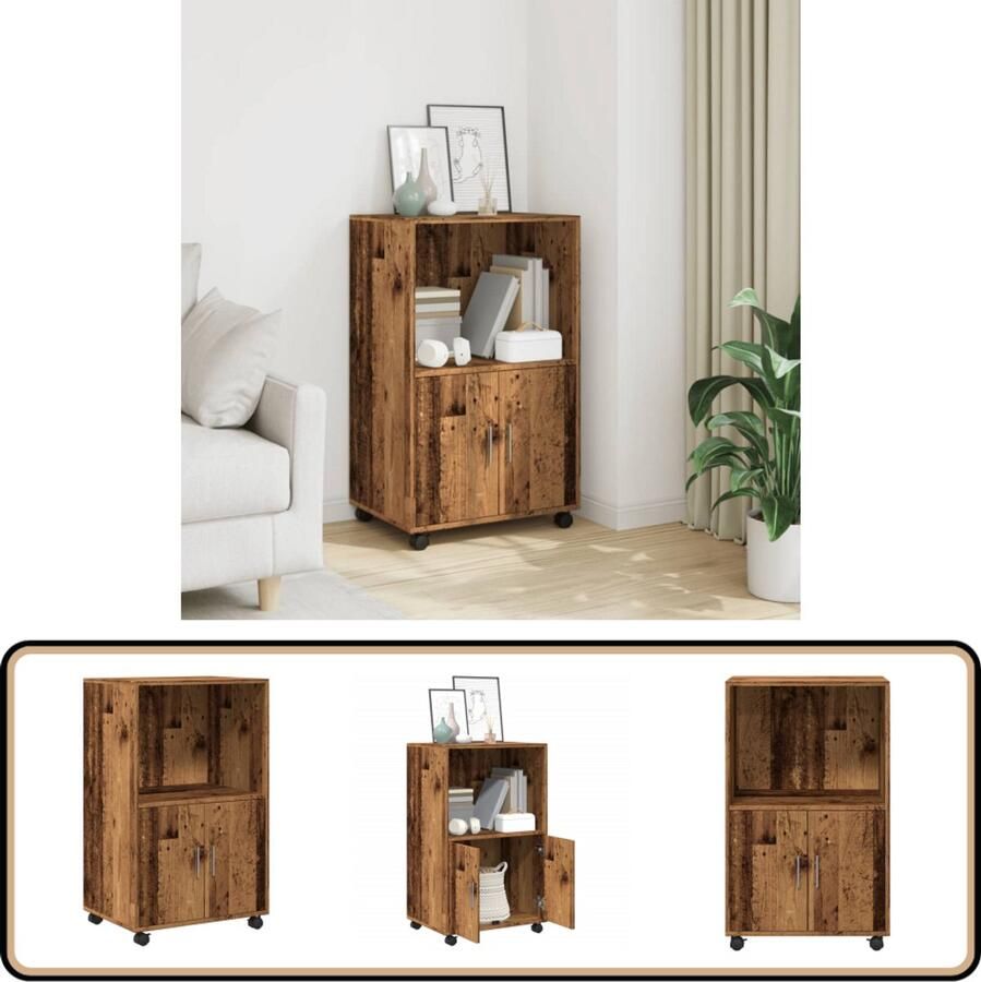VidaXL Rolkast 55x40x91 cm Bewerkt hout Oud houtkleurig Rolkast Houten Kast Opslagoplossing Woonaccessoires Keukenkasten