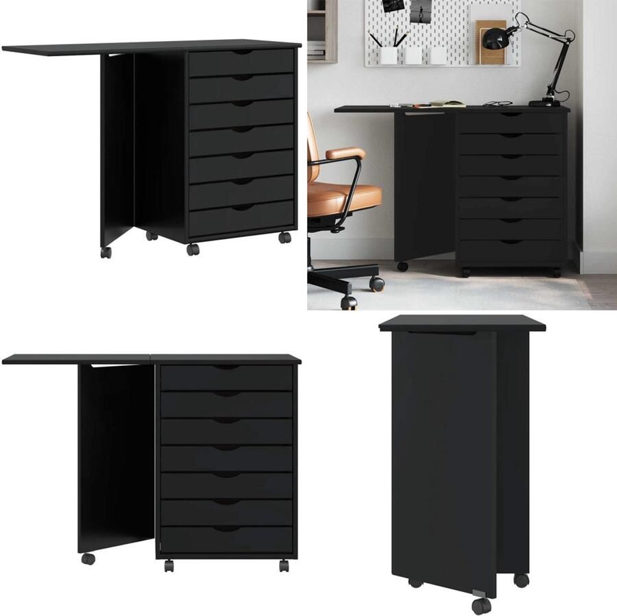 VidaXL Rolkast met bureau MOSS massief grenenhout zwart Rolkast Rollende Kasten Ladekast Archiefkast