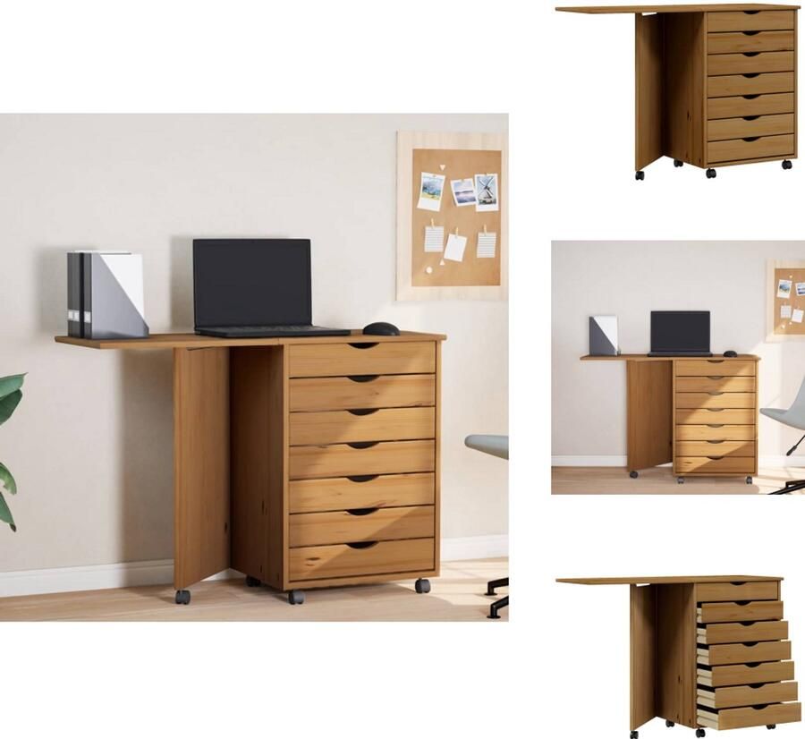 VidaXL Rolkast Rollende Kasten Ladekast Archiefkast Ladekast met bureau MOSS verrijdbaar massief grenen honingbruin - Foto 2