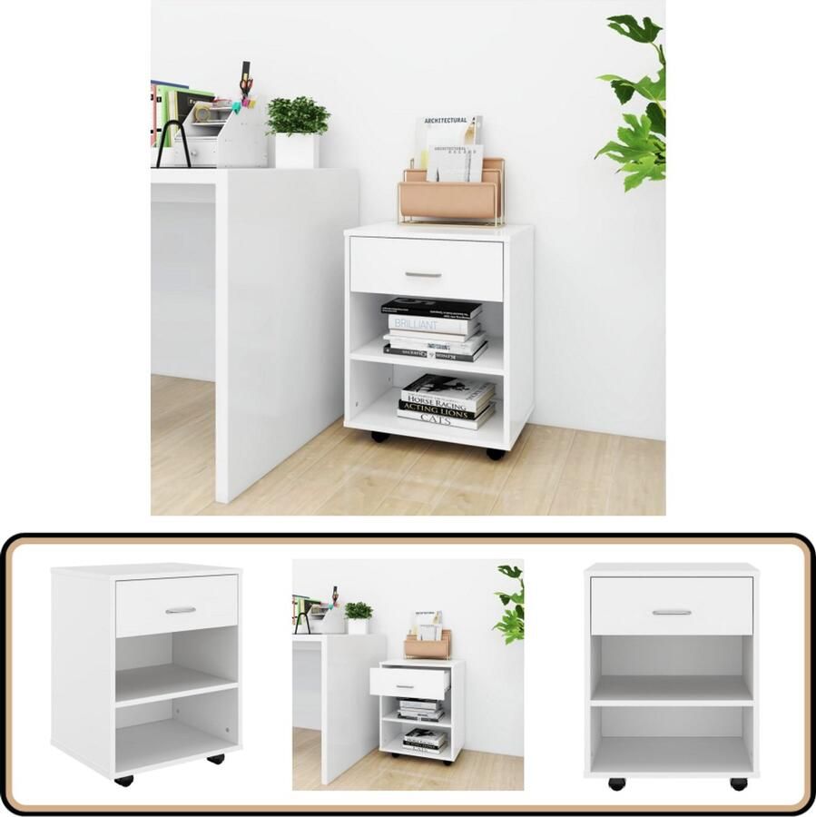 VidaXL Rolkast Wit 46x36x59 cm Bewerkt hout Rolkast Kasten Opbergkast Kantoororganisatie Werkkamer Meubilair