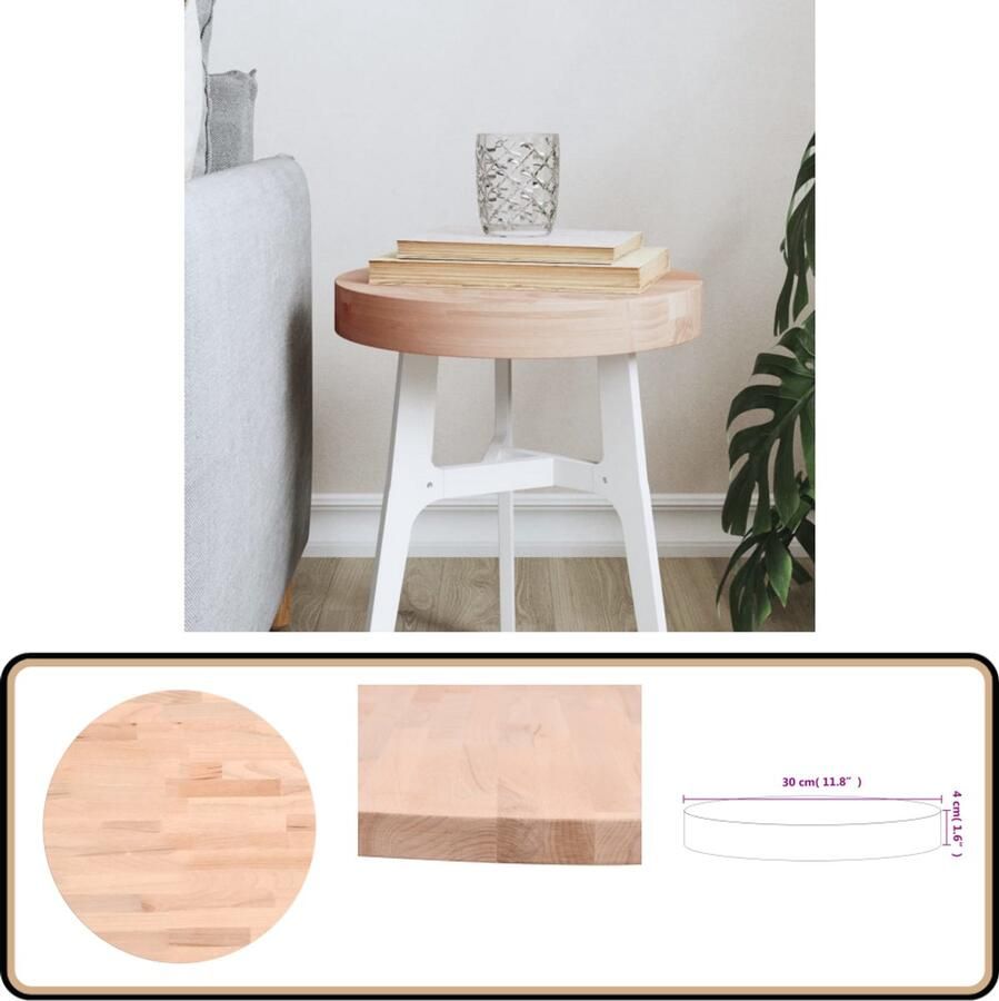 VidaXL Rond Massief Beukenhouten Tafelblad Ø30x4 cm Tafeltje Bijzet Tafellamp Salontafel Eetkamerstoel Vintage Meubilair Industrieel Design Houten Tafelblad Bruine Tafel
