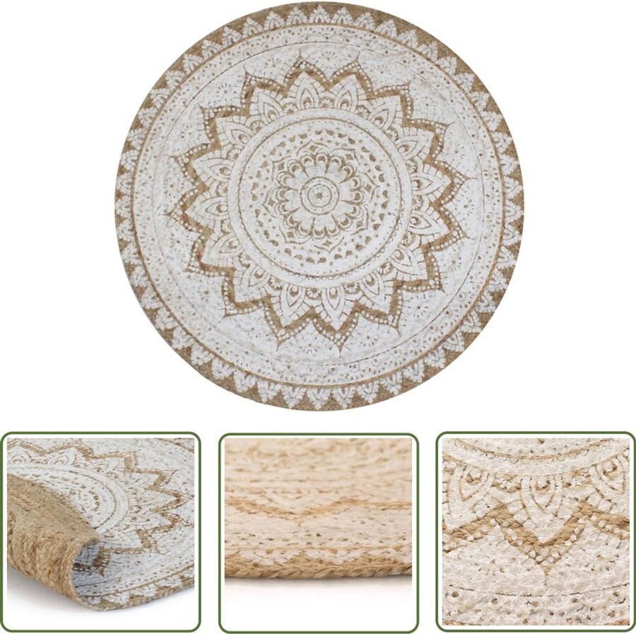 The Living Store Tapijt met print rond 150 cm gevlochten jute Vloerkleed Mandalas Tapijt Jute Tapijt Rond Tapijt Natuurtapijt