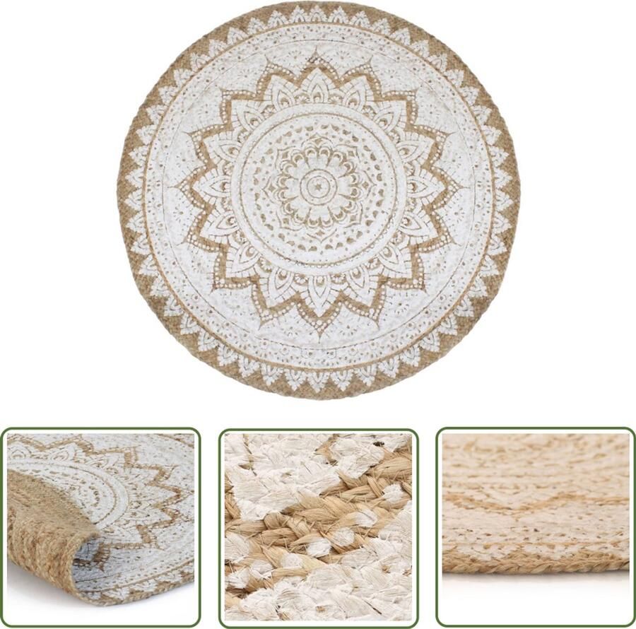 VidaXL Rond Tapijt Gevlochten Jute 240 cm Jute Tapijt Mandalaprint Vloerkleed Woonaccessoires Handgemaakte Tapijten Natuurtapijt Bohemian Stijl