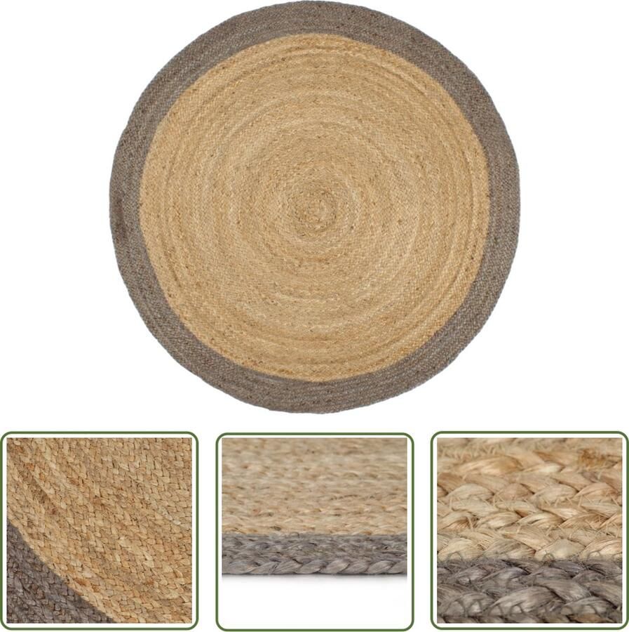 VidaXL Rond Tapijt Jute Tapijt Vloerkleed handgemaakt met grijze rand 210 cm jute Bruine Tapijt Grijze Tapijt Handgemaakt Tapijt