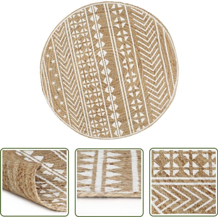 The Living Store Vloerkleed handgemaakt met witte print 120 cm jute Tapijt Rond Tapijt Natuurtapijt Handgemaakte Tapijten Vintage Tapijt