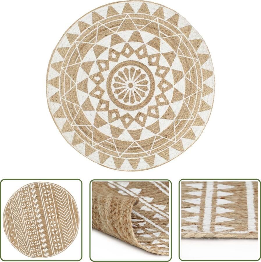 The Living Store Jute Tapijt 90 cm diameter Handgeweven Natuurlijk en wit patroon Jute Tapijt Rond Tapijt Natuurtapijt Vintage Tapijt Boho Tapijt