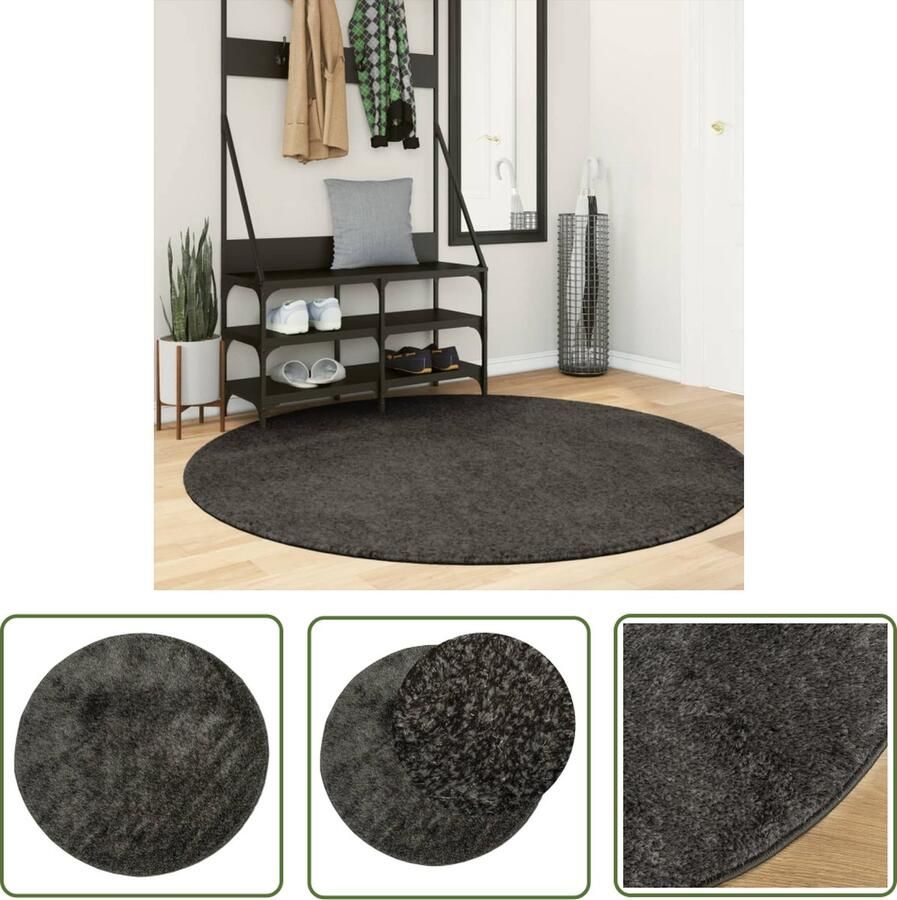 The Living Store Vloerkleed ISTAN hoogpolig glanzend Ø 160 cm antracietkleurig Vloerkleed Rond Tapijt Wollen Vloerkleed Velours Vloerkleed Antraciet Vloerkleed