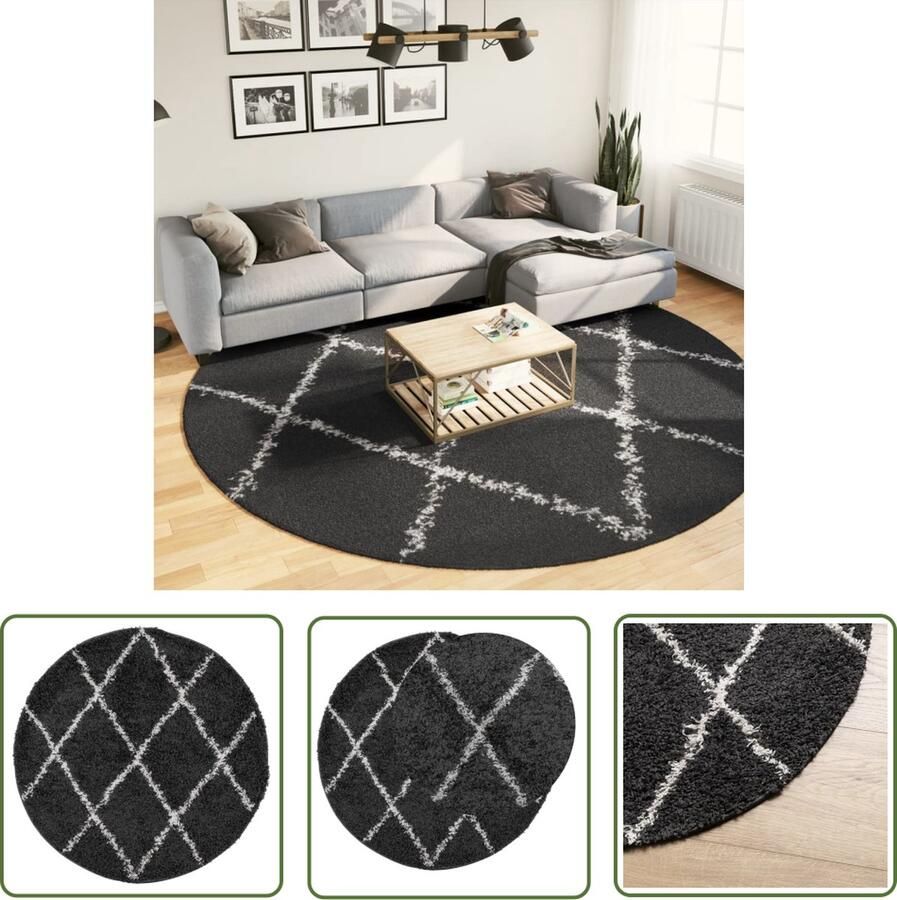 The Living Store PAMPLONA Shaggy Vloerkleed 280 cm Zwart en crème 100% polypropeen 30 mm poolhoogte anti-slip Shaggy Vloerkleed Rond Vloerkleed Zwarte Vloerkleed Creme Vloerkleed Polypropyleen Vloerkleed