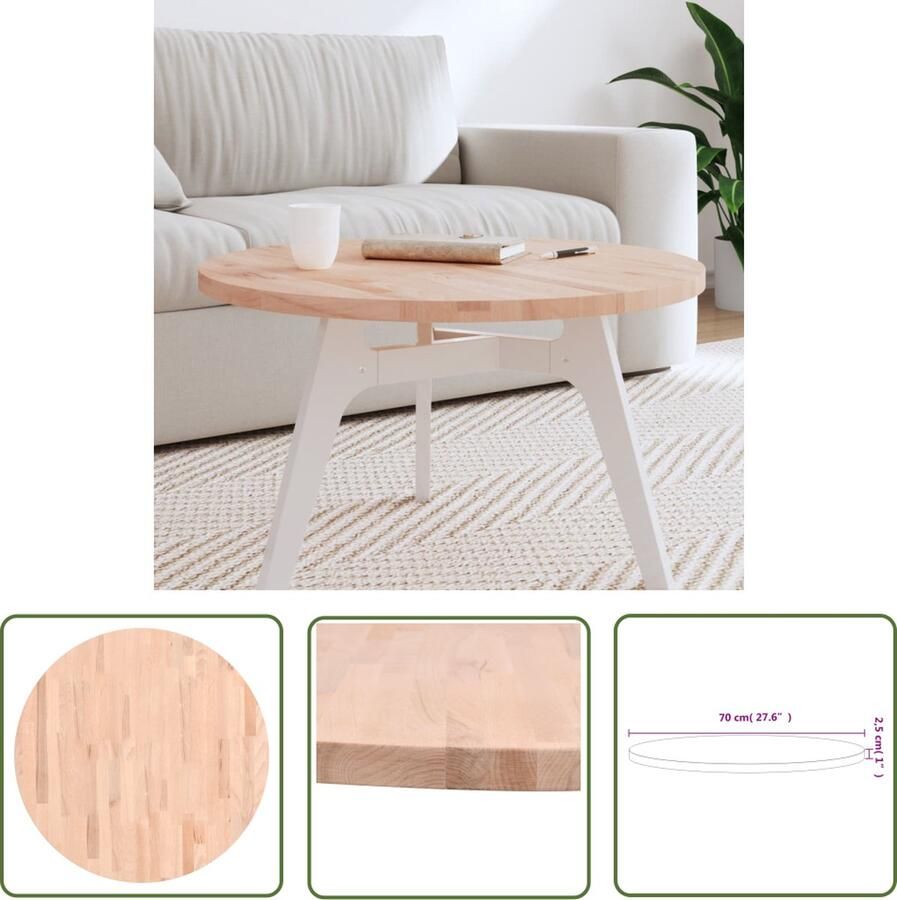 The Living Store Massief Beukenhouten Tafelblad 70 x 2.5 cm Rond Massief Houten Tafelblad Ronde Tafelblad Salontafel Blad Tafeltje Tafeltop - Foto 2