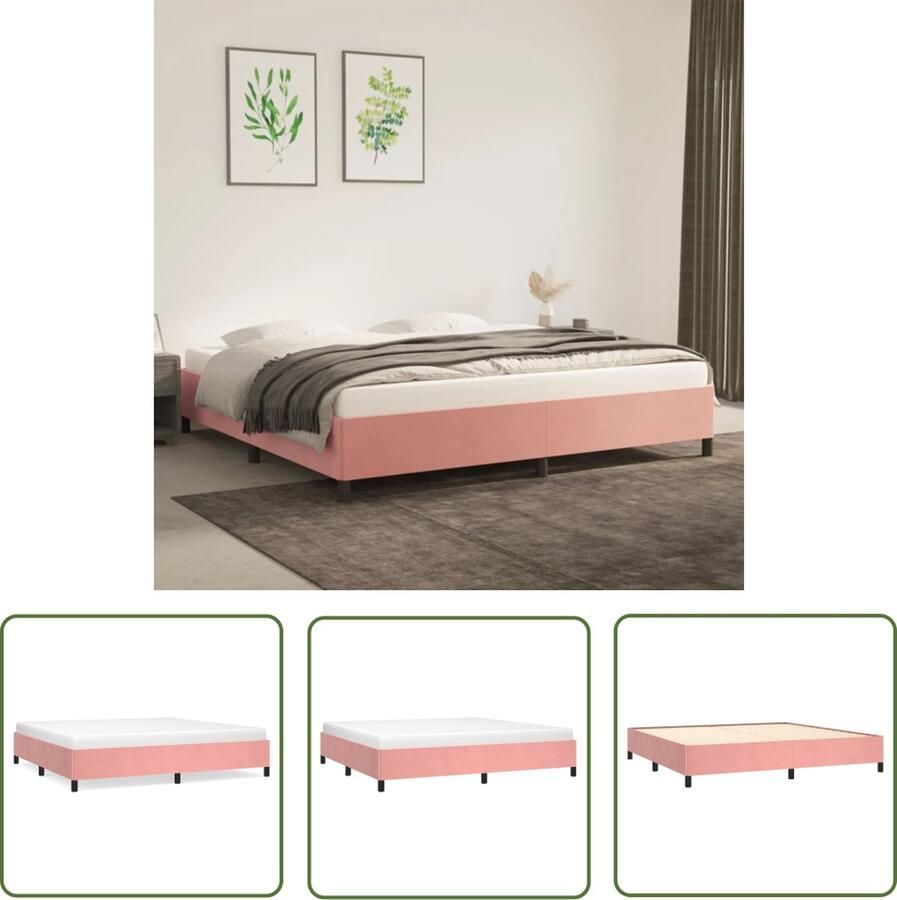 The Living Store Bedframe – Fluweel – Ondersteunende poten – Multiplex lattenbodem – Roze – 203 x 203 x 35 cm – Geschikt voor 200 x 200 cm matras –