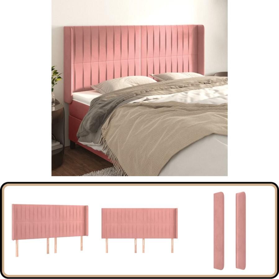 The Living Store Hoofdbord met randen 203x16x118 128 cm fluweel roze Hoofd Bord Hoofdkussen Velvet Roze Tweepersoonsbed