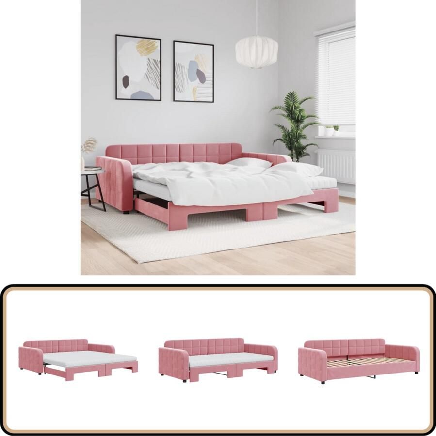 The Living Store Slaapbank onderschuifbed en matrassen 100x200 cm fluweel roze Slaapbank Rozenkleurige Meubels Tweepersoonsbed Sofa Bed Onderkast Bed