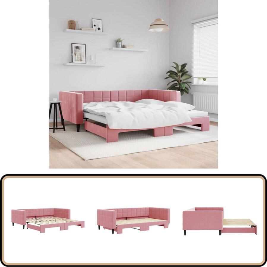 VidaXL Roze Fluwelen Slaapbank met Onderschuifbed Slaapbank Sofa Bed Tweepersoonsbed Rozerode Meubels Design Bank