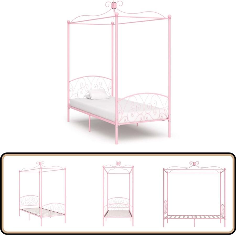 VidaXL Roze Hemelbedframe 90x200 cm Elegant Design Hemelbed Frame Metalen Bed Rozenkleurig Bed Kinderbed Tweepersoonsbed Hoofdbord