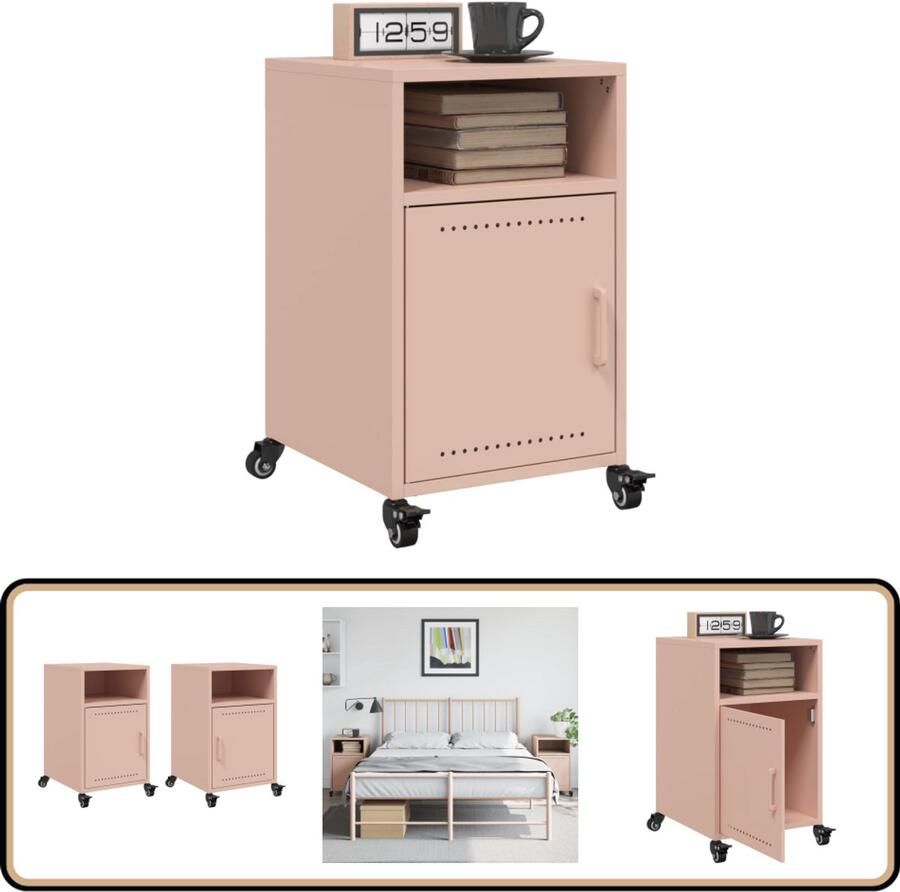 VidaXL Roze Nachtkastjes Set van 2 Staal Nachtkastjes Rozerode Meubilair Slaapkamersdecoratie Opbergkast Nachtlamp Tafeltje