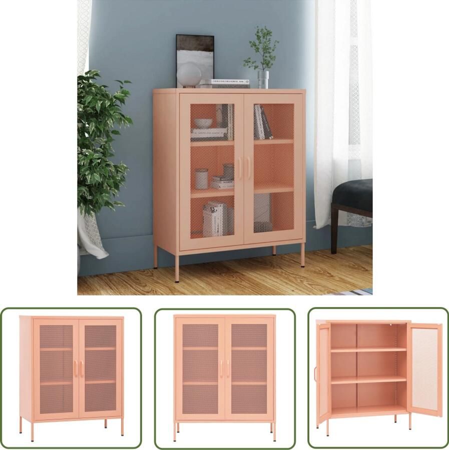 The Living Store Opbergkast Bijzetkast 80 x 35 x 101.5 cm Roze Staal Opslagkast Rozerood Metalen Kast Side Table Living Room Furniture
