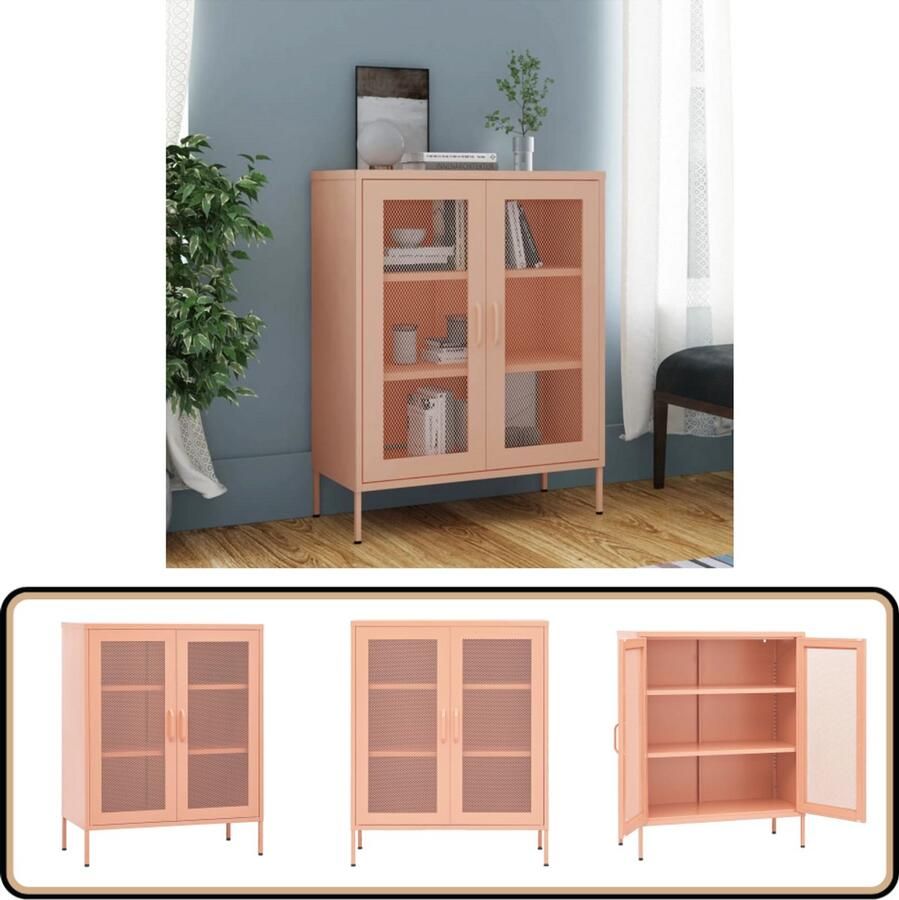 The Living Store Opbergkast Bijzetkast 80 x 35 x 101.5 cm Roze Staal Opslagkast Rozerood Metalen Kast Side Table Living Room Furniture