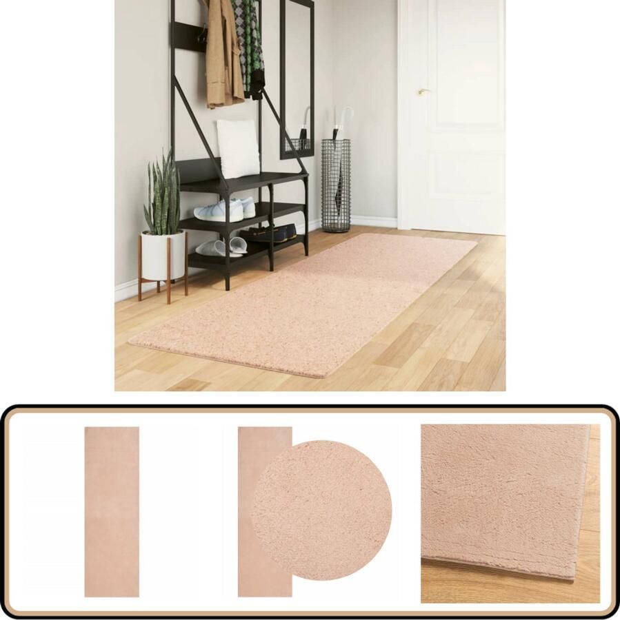 The Living Store Vloerkleed HUARTE laagpolig zacht wasbaar 80x250 cm roze Vloerkleed Roze Vloerkleed Zacht Vloerkleed Polyester Vloerkleed Huiskamer Vloerkleed