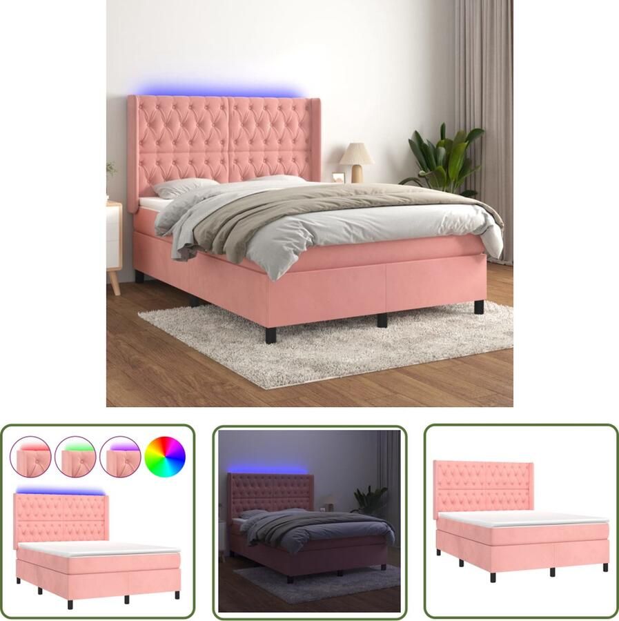The Living Store Boxspring Bed Roze Fluweel 193x147x118 128cm Verstelbaar hoofdbord LED verlichting Pocketvering matras Comfortabel topmatras Inclusief montagehandleiding