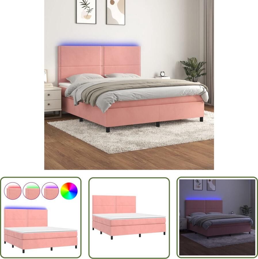The Living Store Boxspring Roze fluwelen bed met LED-verlichting 203x160x118 128 cm Pocketvering matras Huidvriendelijk topmatras Inclusief montagehandleiding