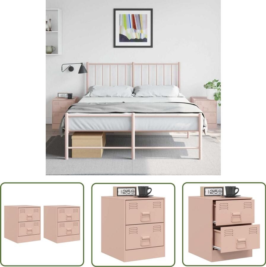 The Living Store Nachtkastjes 2 st 34 5x39x44 cm staal roze Nachtkastje Rozenkleurig Staalkasten Woonaccessoires Kamermeubilair