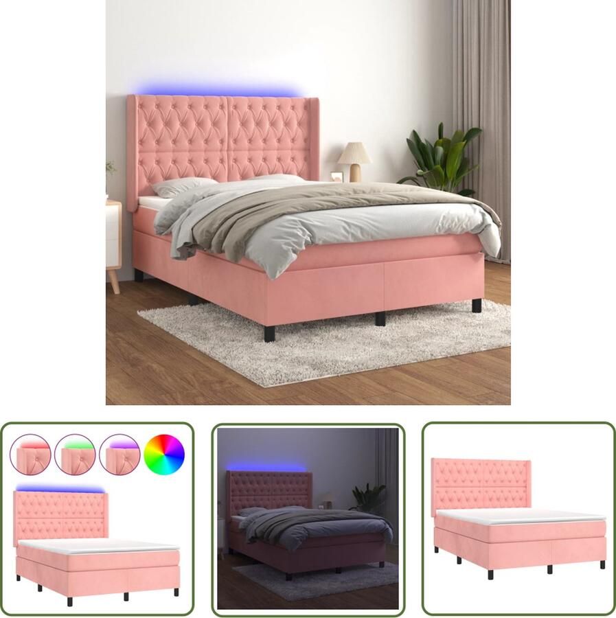 The Living Store Boxspring Roze Fluweel Bed 203x147x118 128 cm Hoofdbord instelbaar LED-verlichting Pocketvering matras Huidvriendelijk topmatras Inclusief 2 LED-strips