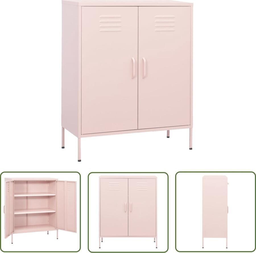 The Living Store Opbergkast Stalen Constructie 80 x 35 x 101.5 cm Roze 2 Verstelbare Schappen Opslagkast Rozerood Meubel Metalen Kast Side Table Stalen Kast - Foto 2