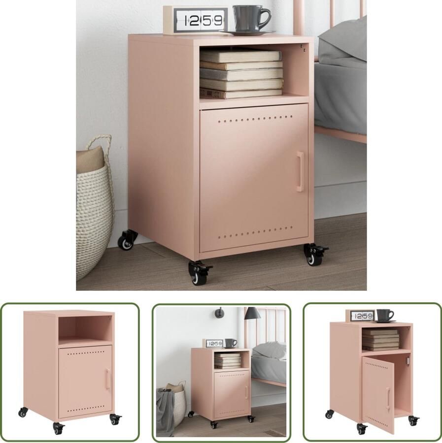 The Living Store Nachtkastje 36x39x59 cm staal roze Nachtkastje Rozerood Nachttafel Slaapkamersfeer Koudgewalst Staal