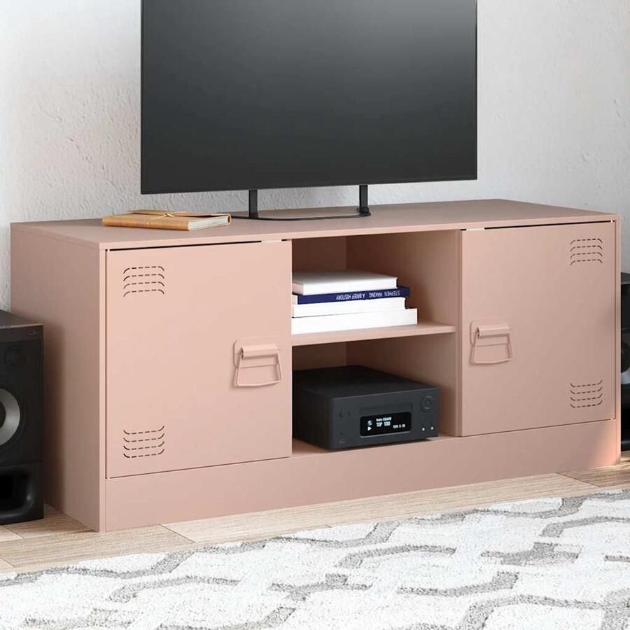 The Living Store Tv-meubel 99x39x44 cm staal roze Tv-meubel Rozerood Salontafel Livingroom Decoratie Stalen Tv-kast