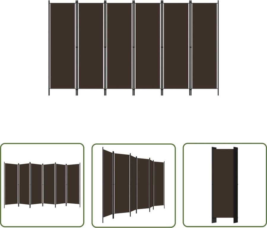 The Living Store Ruimteverdeler 6 panelen 300 x 180 cm Bruin Polyester en IJzer Kamerscherm Ruimtescheider Privacy Screen Wandafscheiding Interieursdecoratie