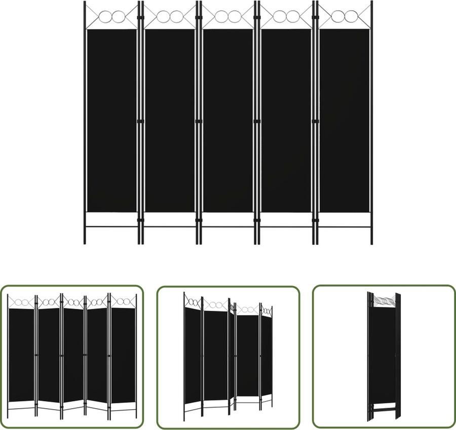 The Living Store Ruimteverdeler Zwart 200 x 180 cm Stoffen scherm Gepoedercoat ijzer 5 panelen Kamerscherm Ruisdempend Gordijn Wandafscheider Privacy Screen Zwarte Muurdecoratie