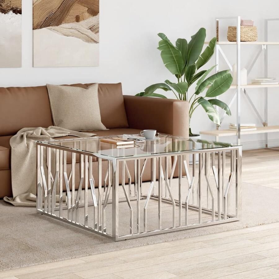 VidaXL Salontafel 100x100x50 cm RVS en glas Salontafel Roestvrijstaal Tafel Design Tafel Moderne Salontafel Koffietafel Living Room Furniture Interieurdecoratie Zwart Metalen Tafellaar - Foto 2