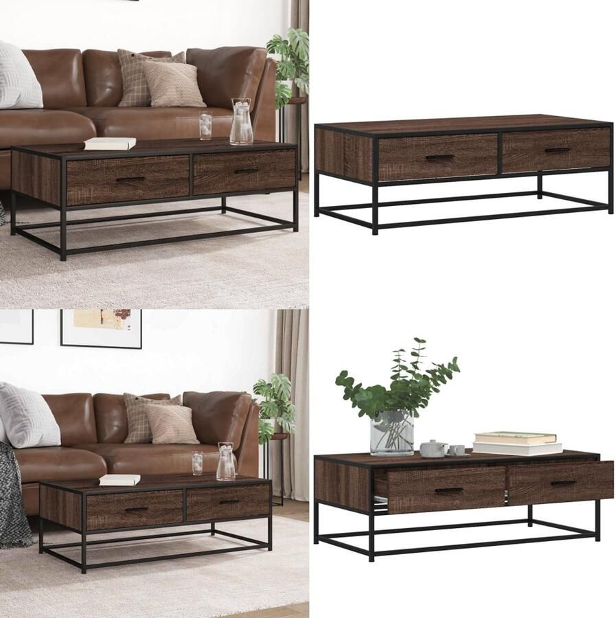 VidaXL Salontafel 100x50x35 cm bewerkt hout en metaal bruin eikenkleur Salontafel Salontafels Bijzettafel Banktafel