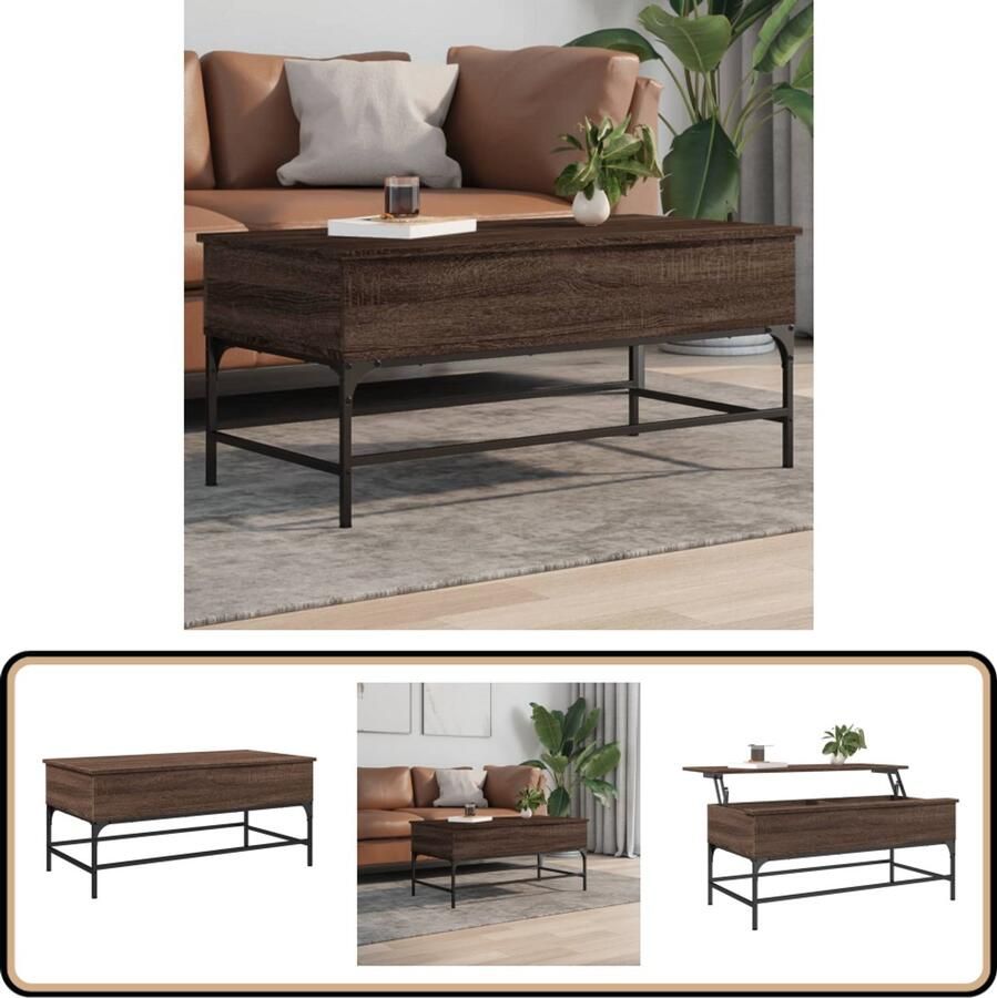 VidaXL Salontafel 100x50x45 cm bewerkt hout en metaal bruin eikenkleur Salontafel Woonkamerdecoratie Eikenhouten Tafel Metalen Tafel Vintage Salontafel - Foto 2