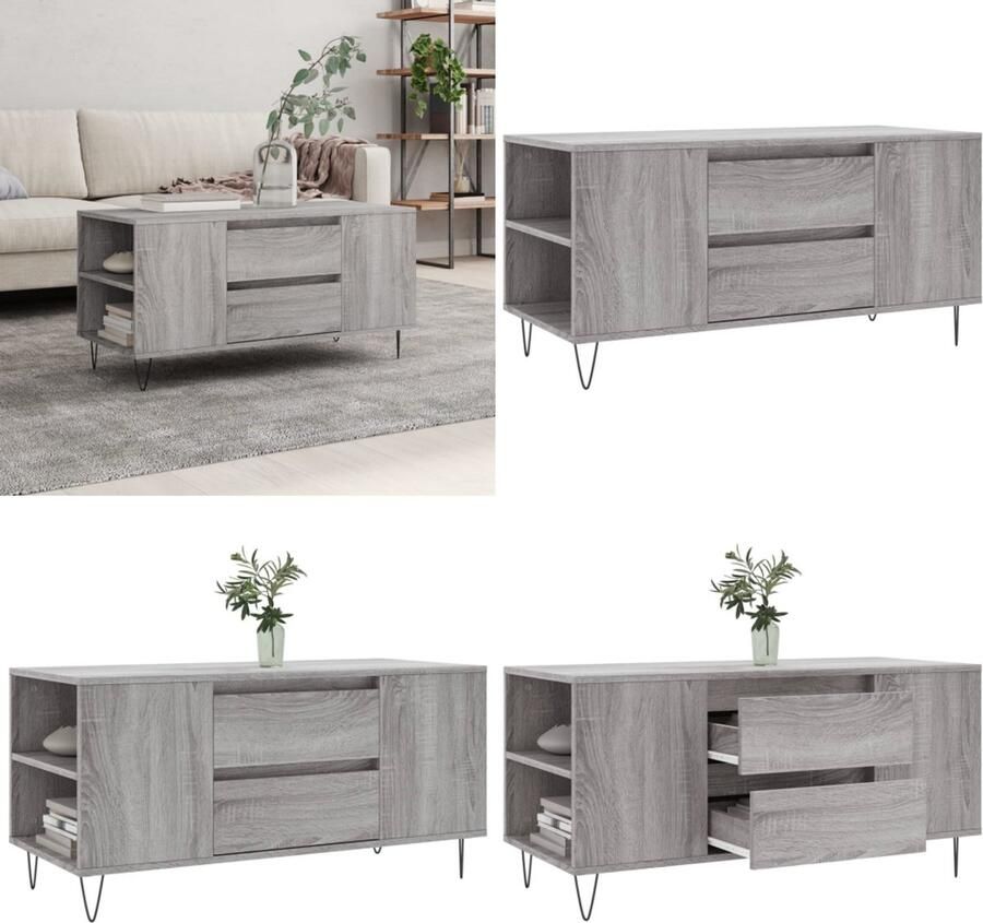 VidaXL Salontafel 102x44 5x50 cm bewerkt hout grijs sonoma eikenkleur Salontafel Salontafels Tafel Bijzettafel