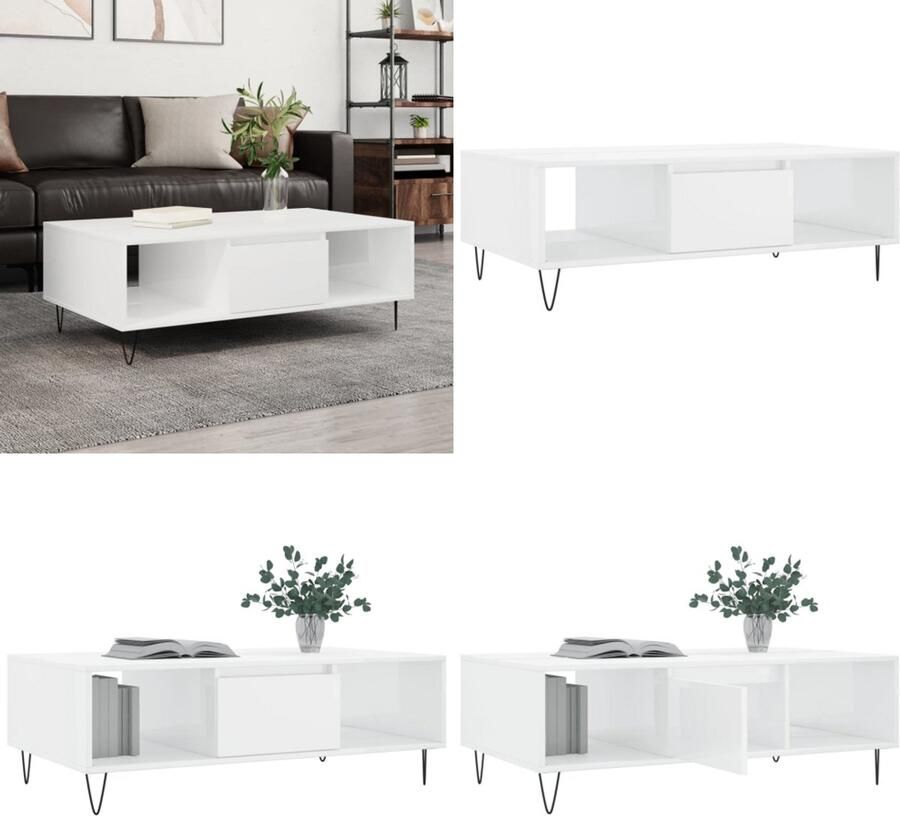 VidaXL Salontafel 104x60x35 cm bewerkt hout hoogglans wit Salontafel Salontafels Bijzettafel Tafeltje