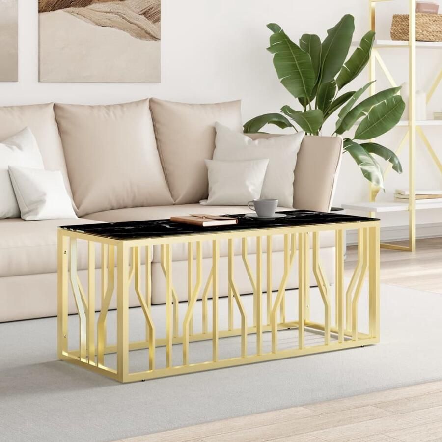 VidaXL Salontafel 110x45x45 cm Goud Glas Salontafel Modern Design Koffietafel Woonkamerinrichting Marmereffect Gouden Kleur Roestvaststaal Glas - Foto 2