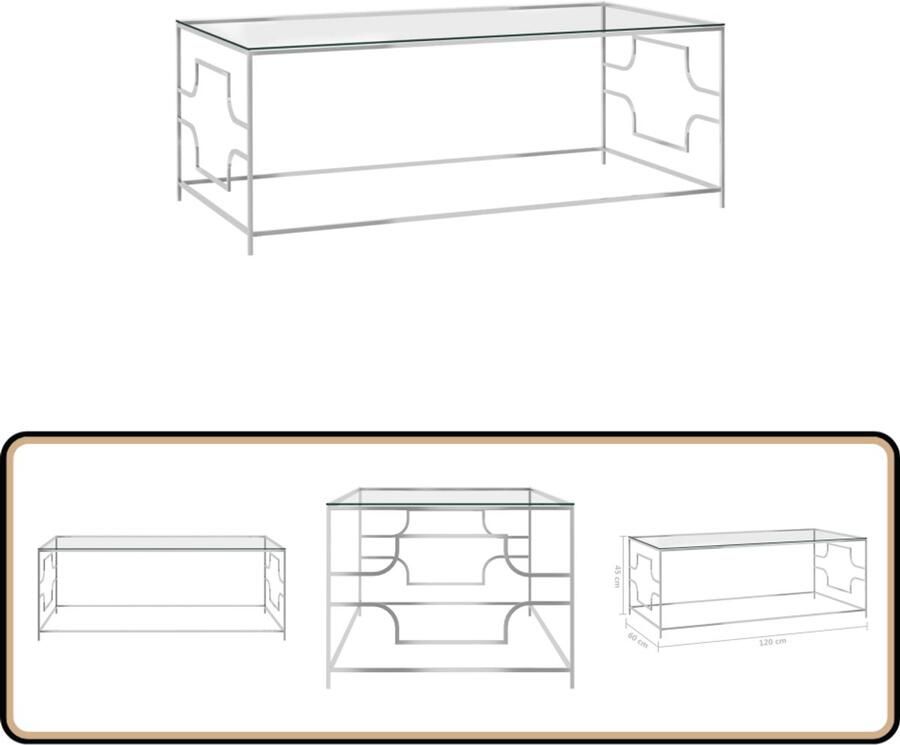 VidaXL Salontafel 120x60x45 cm RVS en glas Zilver Salontafel Roestvrijstaal Glas Koffietafel Moderne Salontafel