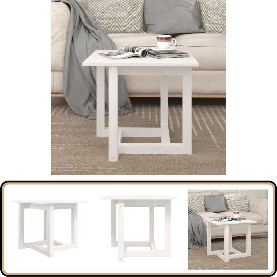 The Living Store Salontafel Massief Grenenhout Bijzettafel 50 x 50 x 45 cm Wit Salontafel Bijzettafel Massief Hout Grenenhout Witte Salontafel - Foto 2