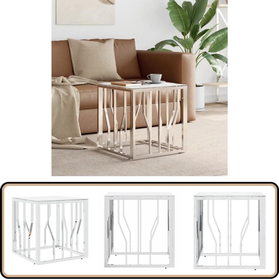 VidaXL Salontafel 50x50x50 cm RVS en glas Zilver Salontafel Marmeren Look Stalen Onderstel Glazen Tafelblad Moderne Salontafel Sierlijk Minimalistisch Industrieel Living Room Furniture